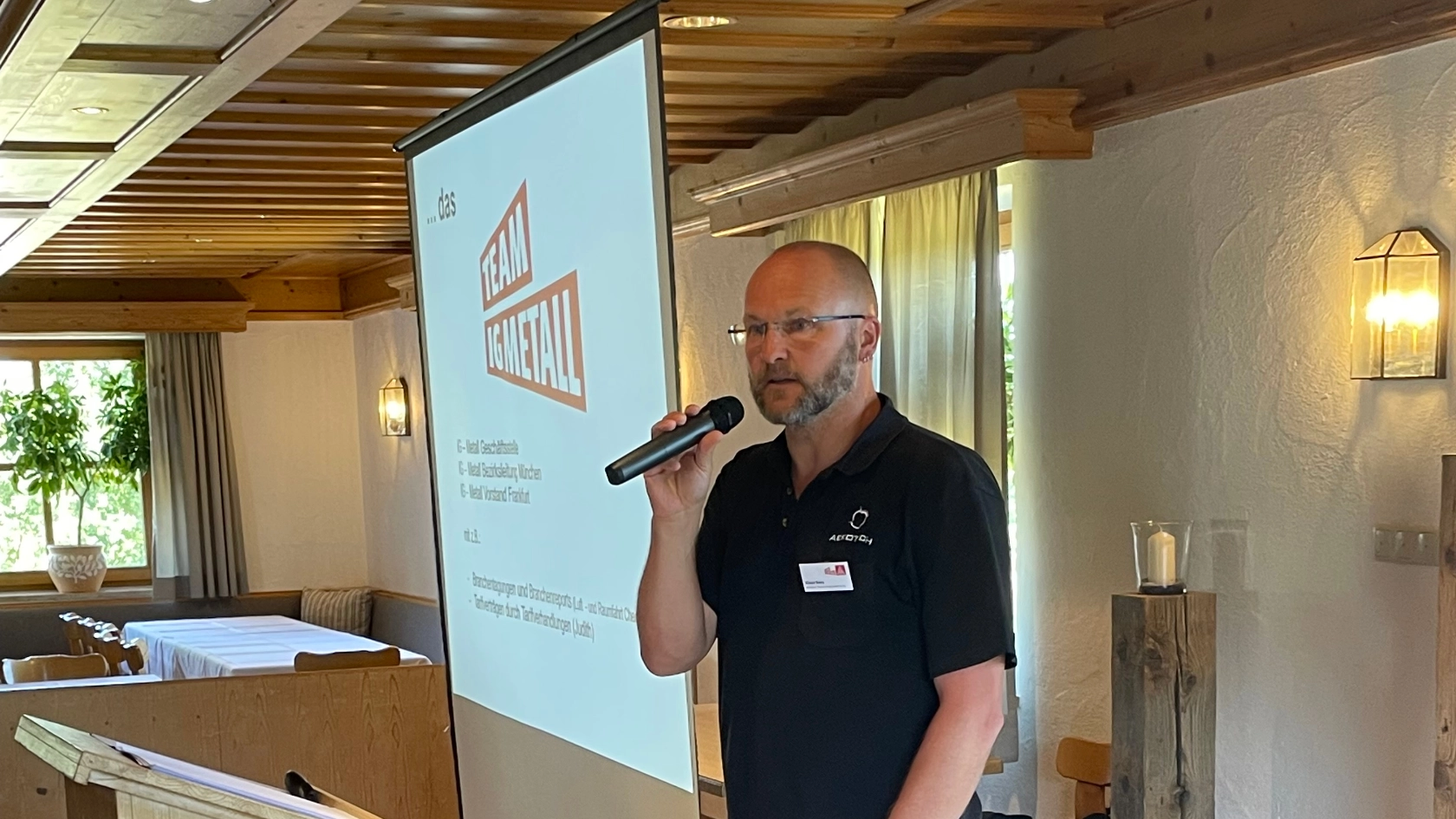 Klaus Kees (Cheesy), BR bei Aerotec in Peissenberg, referiert auf dem BR Empfang 2022 der IG Metall Weilheim in Paterzell