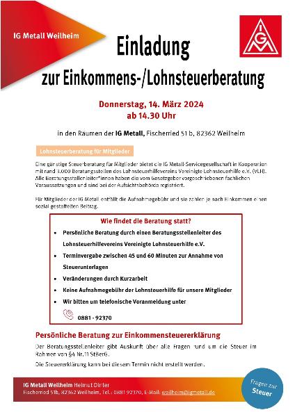 Flyer Lohnsteuerberatung am 14. März 2024
