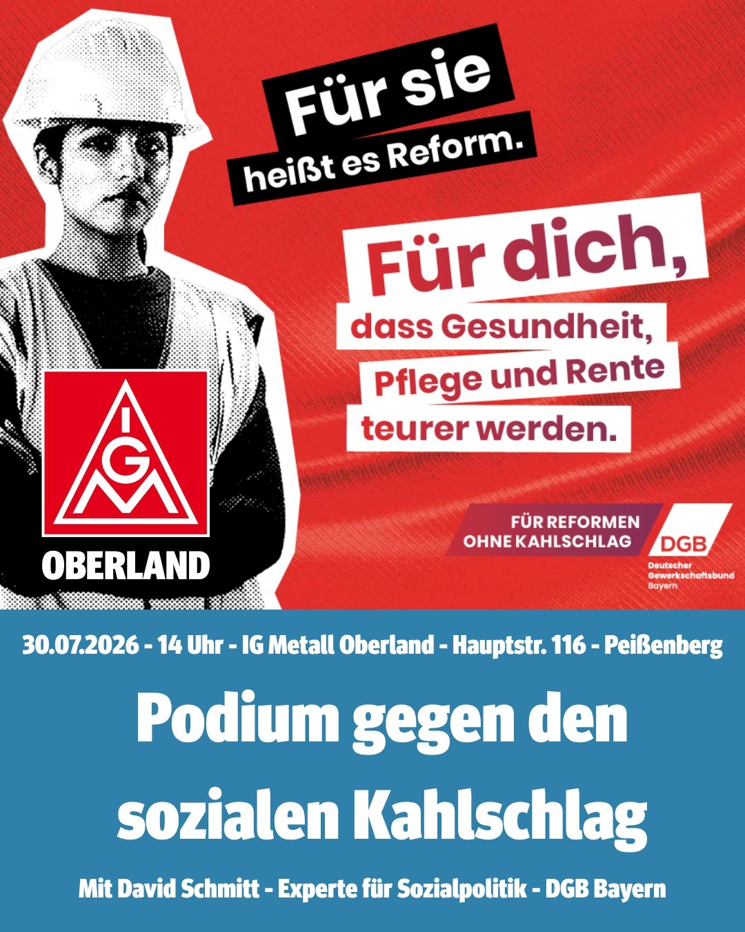 Plakat zur Einladung zur Podiumsdiskussion zur aktuellen Sozialpolitik am 30.07.2026 ab 14:00 Uhr